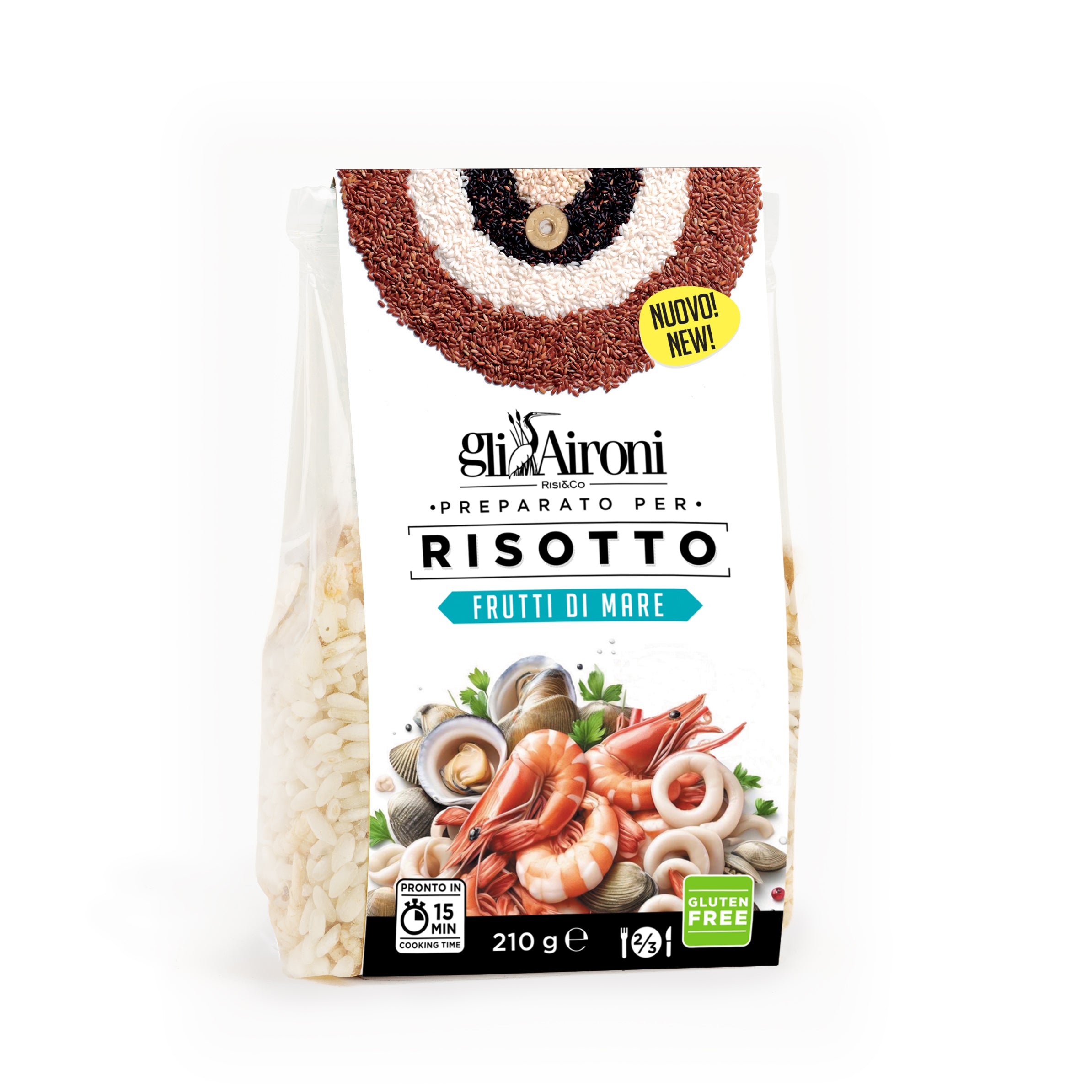 Preparato per Risotto ai Frutti di Mare de gliAironi confezionato in sacchetto ATM da 250g