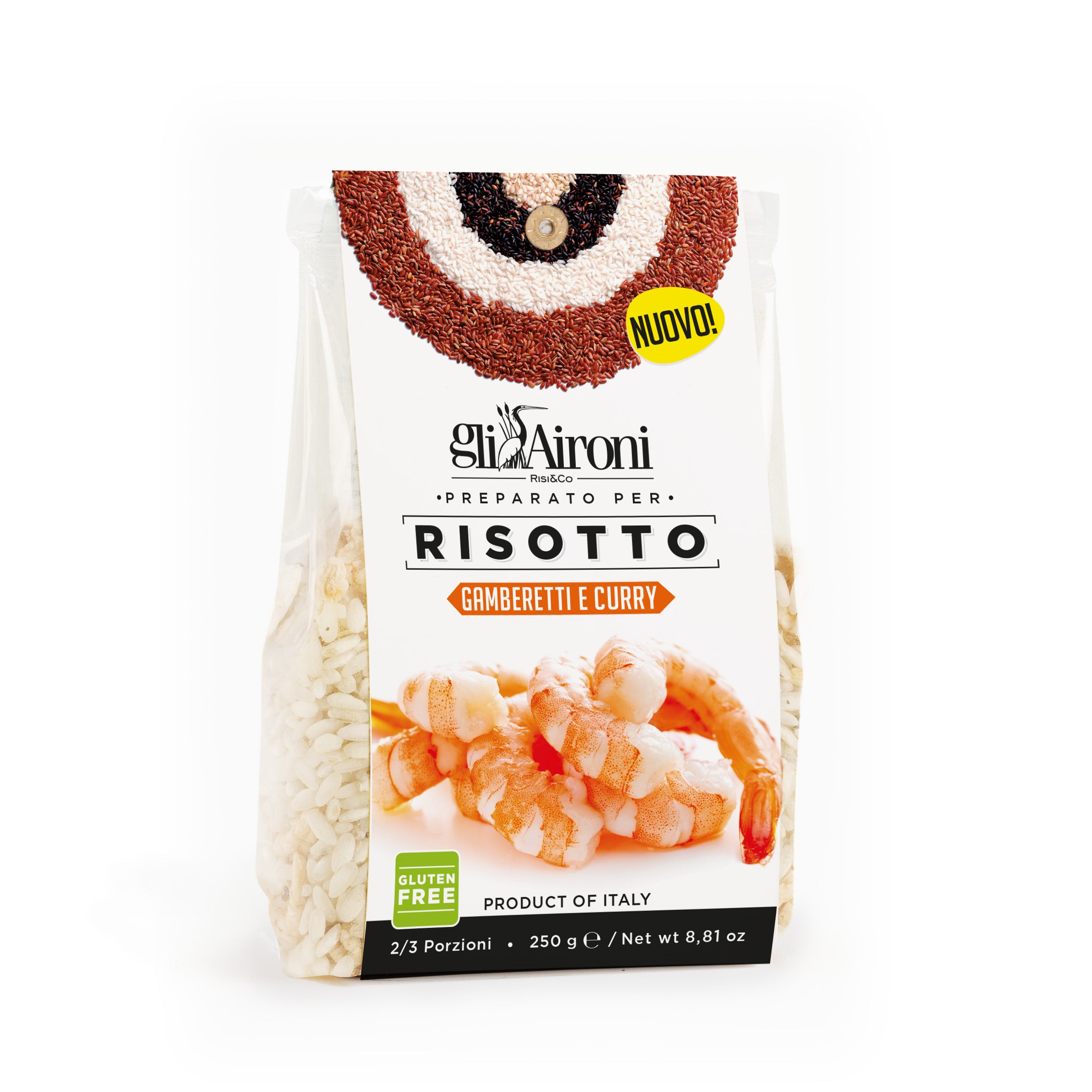 Preparato per Risotto a Gamberetti e Curry de gliAironi confezionato in sacchetto ATM da 250g